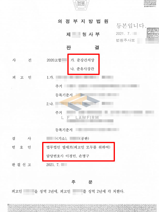 술에 취해 잠을 자고 있던 피해자를 강간하여 상해를 입힌 준강간치상죄 사건에서 집행유예 변호사 사진