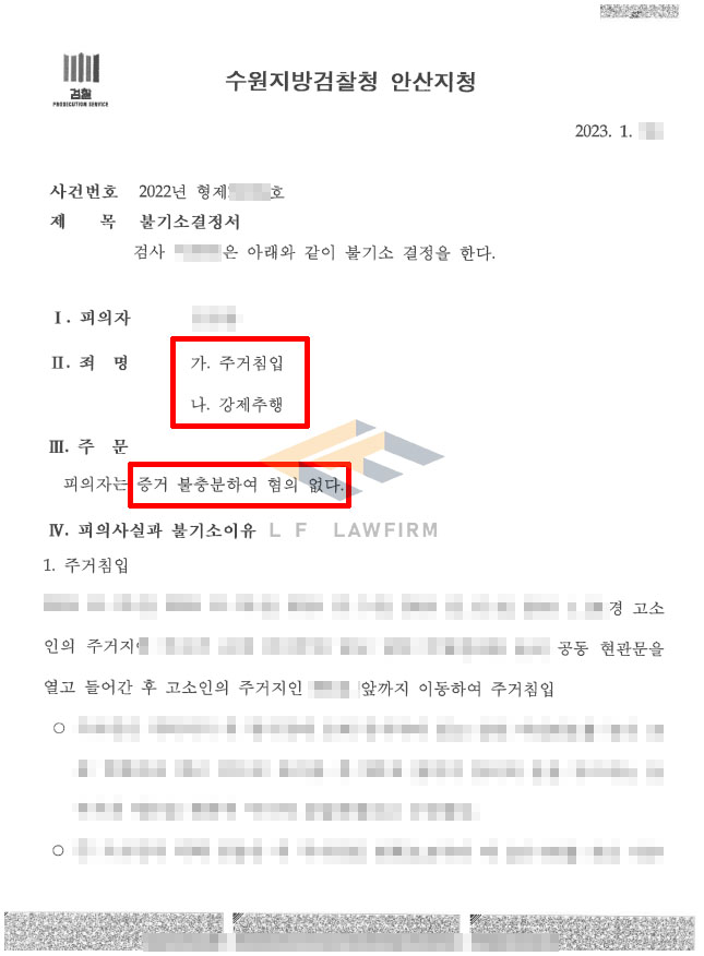 예전 여자친구로부터 주거침입과 강제추행으로 고소당한 사건에서 혐의없음 처분 변호사 사진