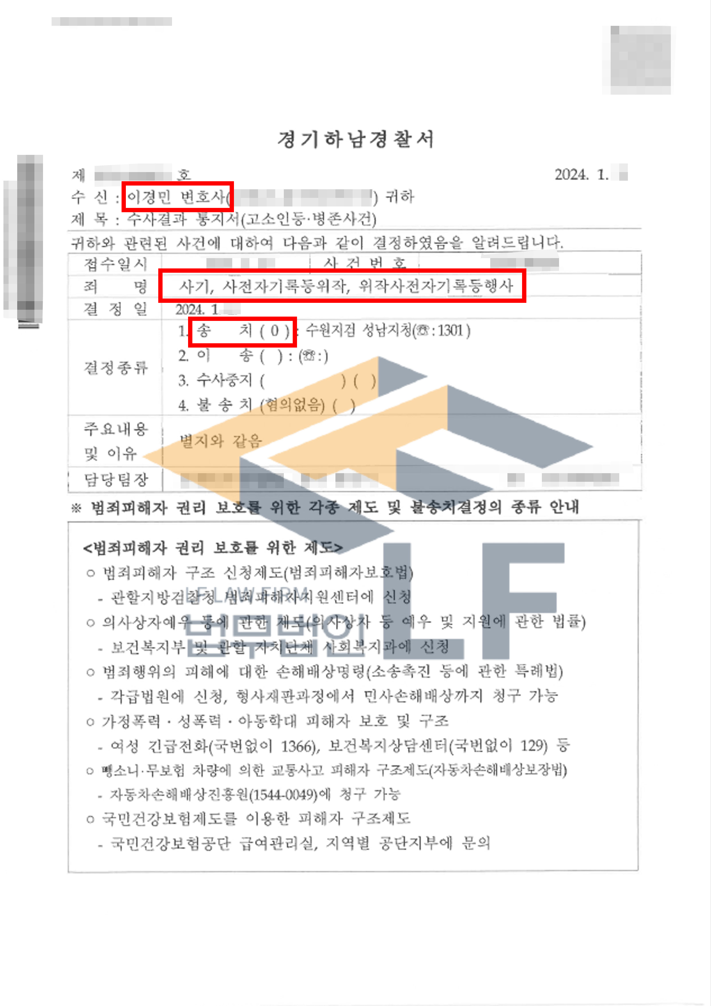 피해자를 기망하여 투자금을 편취한 사기죄 고소대리 사건에서 검찰송치 결정 변호사 사진