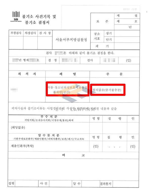 집에서 1회, 골목 주차장에서 1회 미성년자를 강간하였다는 아청법위반 강간죄 사건에서 혐의없음 처분 변호사 사진