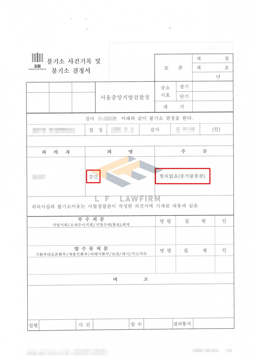 주거지 내에서 피해자를 강제로 간음하였다는 강간죄 혐의 사건에서 혐의없음 처분 사례 변호사 사진