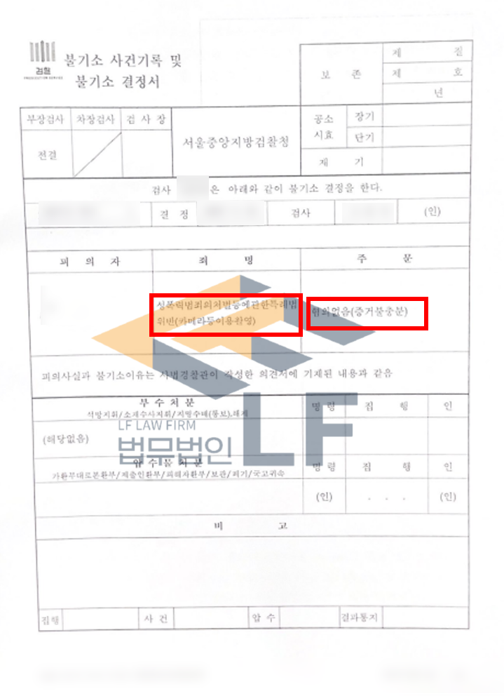 피해자가 마음에 든다는 이유로 불법촬영한 카메라등이용촬영 혐의없음 처분 변호사 사진