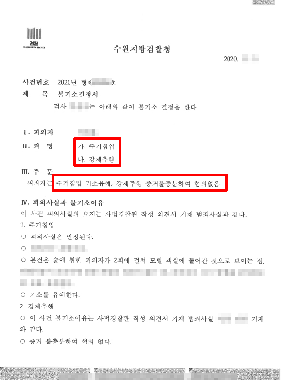 주거침입강제추행죄 혐의에 대해 죄명분리 및 주거침입 기소유예, 강제추행 혐의없음 처분 사례 변호사 사진