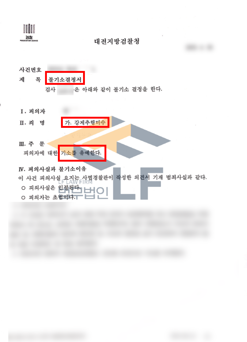 종업원에게 강제추행을 하려다가 미수에 그친 후 종업원과 점주에게 성기를 내보인 사건 기소유예사례 변호사 사진