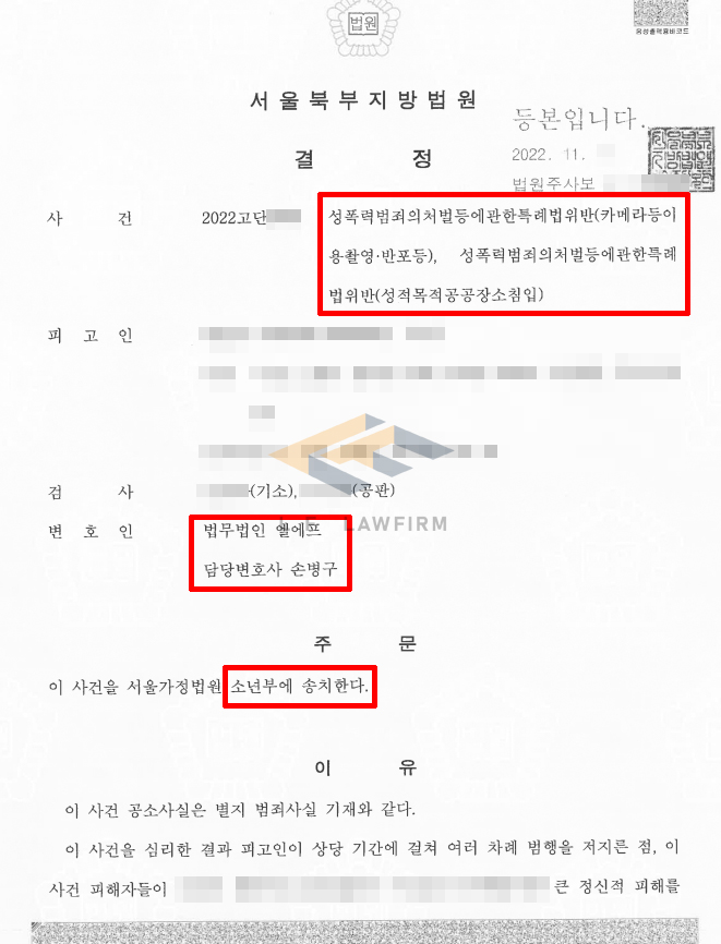 수회 여자화장실에서 카메라등이용촬영죄를 범하여 형사재판으로 회부된 사건에서 소년부송치 결정 변호사 사진